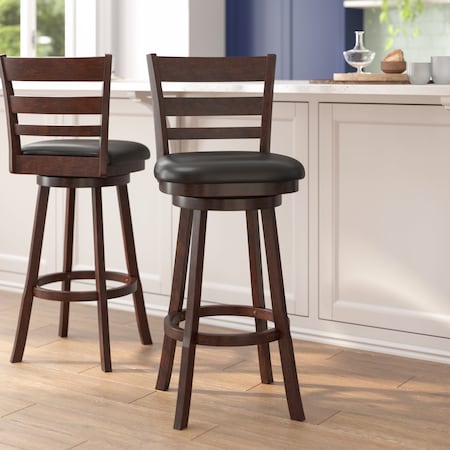 Flash Furniture Zerrick Commercial Wood Classic Ladderback Swivel Barstool w/Black LeatherSoft Seat, Espresso ES-UN3-29-ESP-GG